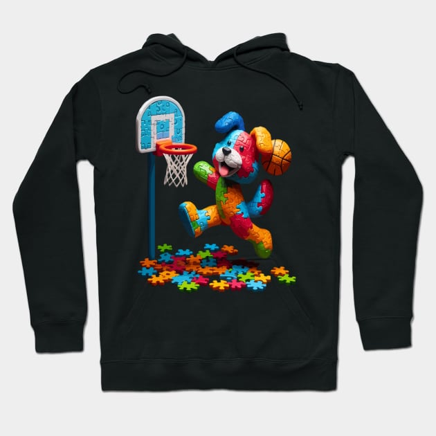 funny puzzle dog basketball Slam Dunked sport boys men kids Hoodie by WOLVES STORE